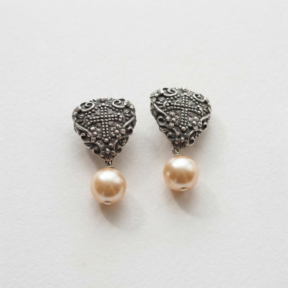 Andrea Barnett Sterling Silver Heart Cross Pearl Drop Earrings Victorian Style